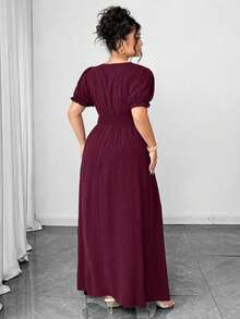 SHEIN Clasi 大码女式纯色V领泡泡袖收腰开衩连衣裙，优雅迷人，春夏款 - 中紫紅色 - 查看 2