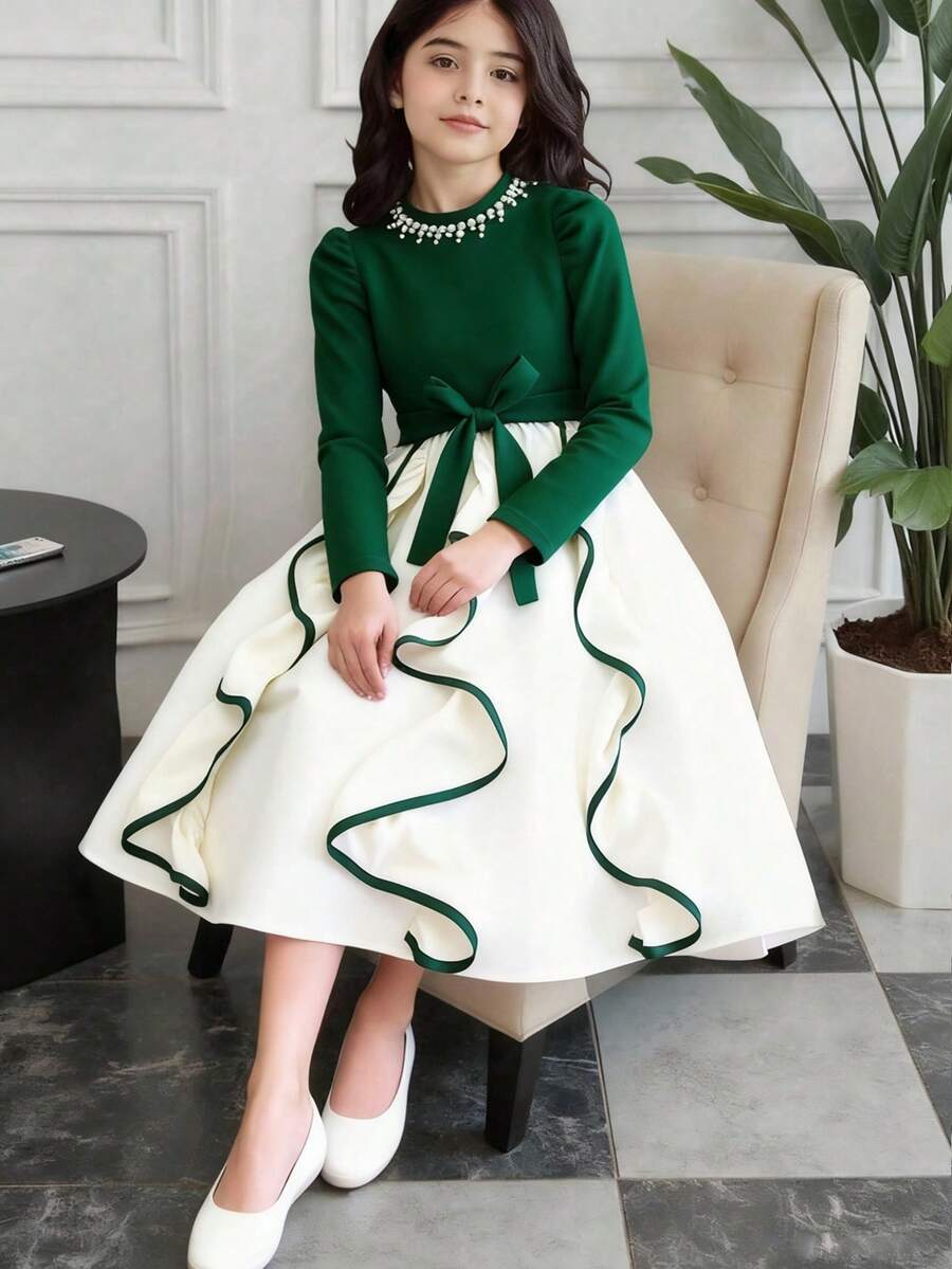 SHEIN 少女仿珍珠撞色蝴蝶结装饰荷叶边下摆优雅长袖连衣裙
