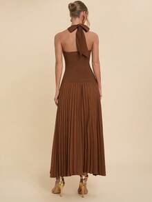 COSMINA Women's Elegant Pleated Halter Dress,Shades Of Brown Summer Sundress For Party,Long Earth Tone Wedding Guest Gown,Suitable For Dates And Gatherings - Rust Brown - View 2