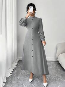 Elenzga 大码女式极简时尚针织长袖长款碎花灰色连衣裙 - 灰色 - 查看 4