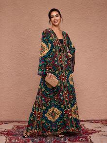 JIAN LASALA All-Over Print Chiffon Boho Women Kimono Beachwear Holiday Vacation Wear Kimono Dress Caftan Dress Kaftans For Women Boho Dress Beach Wedding Guest