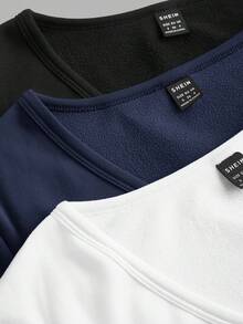 SHEIN EZwear 3件套女士深V领修身休闲长款基础保暖长袖T恤套装，适合秋冬季穿着 - 彩色 - 查看 4