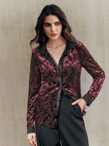Anewsta Women's Red Cinched Waist Floral Elegant Long Sleeve Contrast Color Blouse - Red - View 5