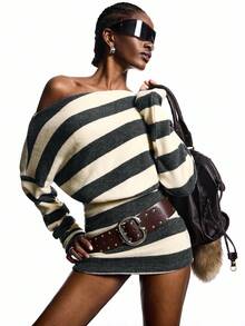 LYSMO 女士时尚休闲条纹不对称肩迷你连衣裙 - 彩色 - 查看 4