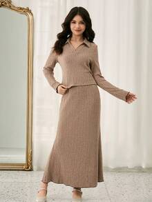 Teen Girl Elegant V-Neck Long Sleeve Dress,Mermaid Silhouette Maxi Khaki Ribbed Knit Brown,Autumn,Casual,Holiday Color Blocking Design On Hem,Spring - Khaki - View 6
