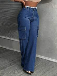 Slaydiva Quần jeans ống rộng cạp cao có túi, lót nhiệt, dáng rộng, thời trang dạo phố, đi làm hàng ngày, chất liệu thô, dáng rộng, ấm áp, thu/đông - Rửa tối - Xem 5