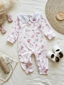 SHEIN Vintaside Kids 1件女婴花卉刺绣领长袖连体衣，兔子印花，可爱休闲连体衣，适合春秋季外出、聚会、圣诞节、新年、情人节等节日穿着。 - 粉色 - 查看 5