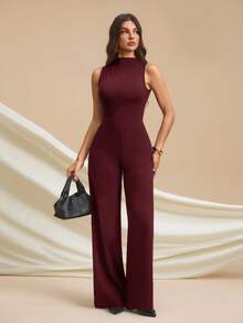 SHEIN Tall 优雅的黑色无袖褶皱连体裤，性感百搭，适合日常穿着、约会、外出、派对、聚会等各种场合——不对称阔腿连体裤，适合情人节、日常穿着，也适合高个女性。 - 酒紅色 - 查看 4