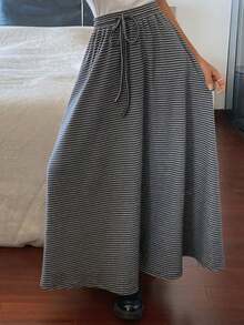 Livesso Striped, Plaid & Color Block Loose A-Line Skirt, Casual Business Style, Suitable For Spring, Summer, Autumn, Holiday, Street Fashion, Tie-Up Waist - Dark Grey - View 6