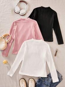 3件装女童毛绒罗纹长袖T恤，舒适百搭，室内外皆宜，适合春、秋、冬三季穿着。 - 粉色 - 查看 2