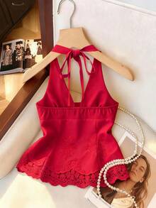 Franclia 女士优雅甜美法式红色露背系带蕾丝边饰上衣，春夏款 - 紅色 - 查看 2