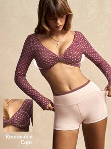 VARSIVA Pink Polka Dot Print Workout Women Sets 2pcs/Set Women Polka Dot Long Sleeve Br And Shorts Sports Suit, Pink Sets, Pink Dot Print, Gym Fitness Yoga Casual Vacation Holiday Spring Summer Fall Winter And All Seasons, Double-Sided Knotted Top Paired With Hip-Lifting Athletic Shorts  Twist-Front Long Sleeve Crop Top Sport Bra Yoga Short Sets For Women Long Sleeve Workout Set Polka Dot Workout Set - Multicolor - View 1