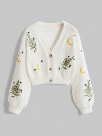 J-Fashion كارديجان رقيق بأكمام طويلة وياقة على شكل حرف V مع أزرار أمامية وتطريز نباتي للنساء