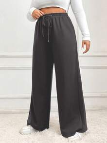 SHEIN EZwear 大码女式休闲抽绳腰宽松阔腿运动裤，纯色，适合日常通勤 - 深灰色 - 查看 3