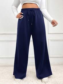 SHEIN EZwear Plus Size Navy Blue Drawstring Waist Pockets Casual Wide Leg Sweatpants - Navy Blue - View 5