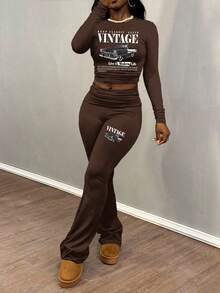 Slaydiva Ropa de mujer otoño 2025/Ropa de mujer invierno/Conjuntos de 2 piezas para mujer/Jeans acampanados/Blusas de manga larga/Pantalones de yoga de cuello redondo simple y manga larga casual/Top corto plisado/Pantalones anchos de pierna ancha/Pantalones acampanados/Traje de dos piezas para mujer/Ropa Y2k/Ropa urbana/Blusas de salida para mujer/Gráfico de coche vintage