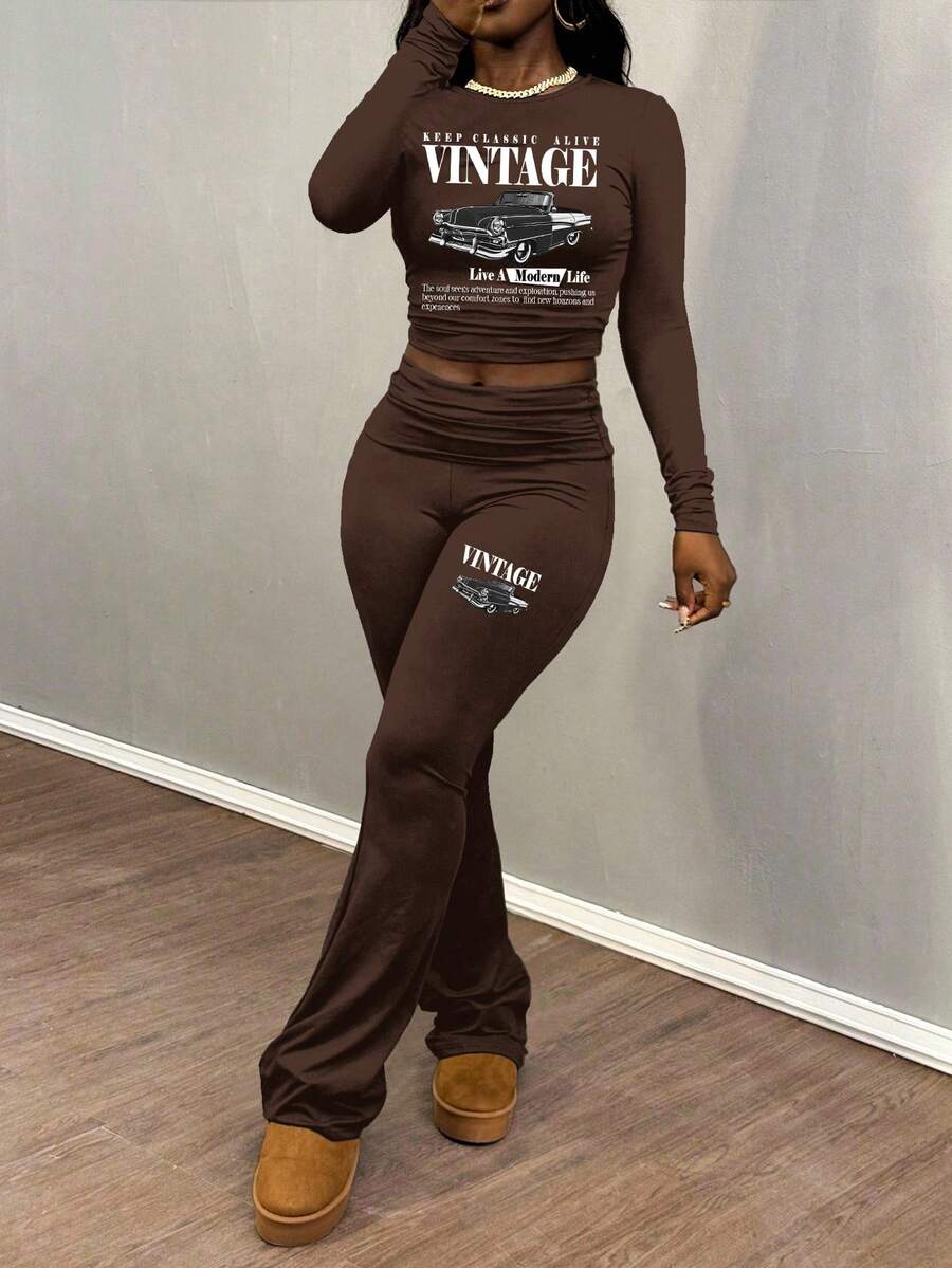 Slaydiva Ropa de mujer otoño 2025/Ropa de mujer invierno/Conjuntos de 2 piezas para mujer/Jeans acampanados/Blusas de manga larga/Pantalones de yoga de cuello redondo simple y manga larga casual/Top corto plisado/Pantalones anchos de pierna ancha/Pantalones acampanados/Traje de dos piezas para mujer/Ropa Y2k/Ropa urbana/Blusas de salida para mujer/Gráfico de coche vintage