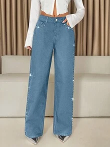 Low Waist Stud Detailed Straight Jean - Light Wash - View 2