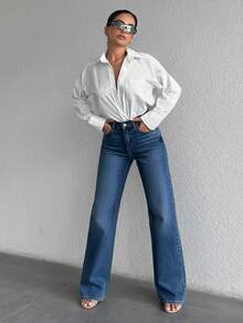 100% Cotton Solid Color Slant Pocket Cotton Solid Straight Leg Jeans - Blue - View 3