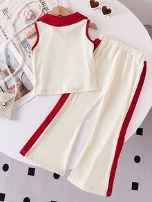 Genkimix Kids 3D Floral Knitted Colorblock Polo Vest And Knitted Colorblock Flared Pants 2 Pieces Set For Girls, Summer - Red - View 2