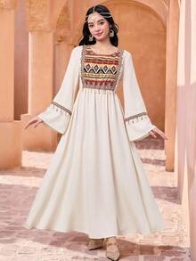 SHEIN Teen Girls' Spring/Summer New Woven Patchwork Print Tassel Casual Long Sleeve Dress, Traditional Robe, Traditional Arabic Clothing, Kaftan, Jalabiya, Abaya Robe, Ramadan, Matching Sisters, Mother-Daughter Matching - Apricot - View 8