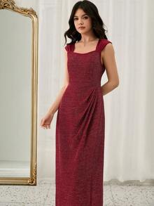 优雅奢华时尚方领无袖宽肩带收腰长款酒红色金属光泽亮面舞会礼服，适合少女毕业典礼、主持、演出、圣诞节等场合。 - 酒紅色 - 查看 8