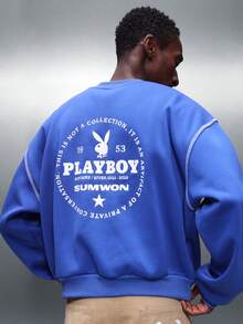 PLAYBOY X SUMWON Men's Crew Neck Pullover Sweatshirt With Contrast Stitching And Graphic Print For Casual Fall Winter Style - Blue - View 1