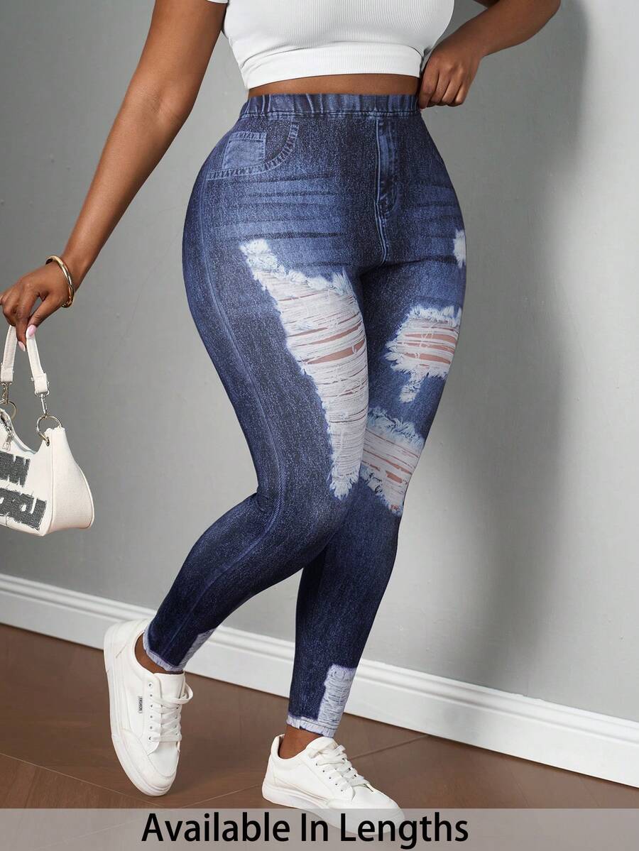 SHEIN PETITE CURVE Plus Size Casual Retro Loose Denim Print Pattern Leggings, Suitable For Autumn/Winter - Blue - View 1