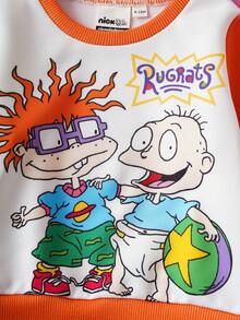 Nick 90s | SHEIN Baby Boy Cartoon Figure Graphic Colorblock Sweatshirt And Navy Blue Dog Dinosaur Print Sweatpants 2-Piece Set, Suitable For Autumn/Winter Fall