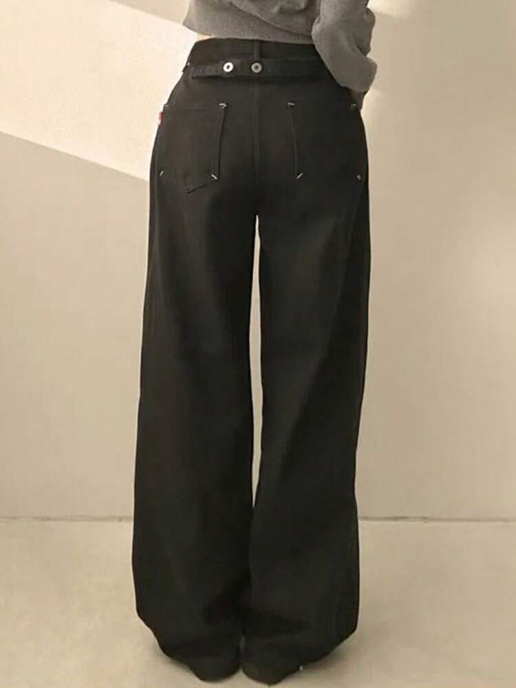 Solid Color Loose Fit Button Decorated Bottom Hem Straight Cut Black Jeans