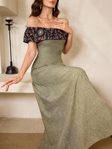 Al Najma Women's Off Shoulder Floral Print Fitted Elegant Party Dress - Yellow - View 7