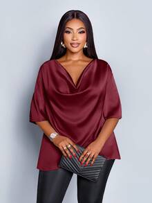 SOLERSUN Christmas Plus Size Women's Fashionable Solid Color Elegant Cowl Neck Stylish And Sophisticated Batwing Sleeve Blouse Summer Fall,Winter,Burgundy Women Blouse