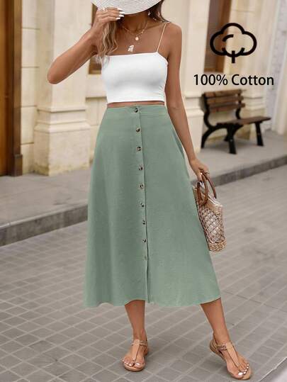 Brillora Women's Front Button A-Line Casual Skirt,