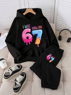 Herbst & Winter gemütliches 67six Seven Cartoon Grafik Schwarz Hoodie und Schwarz Jogginghose Set, modisches personalisiertes Outfit für Tween Mädchen