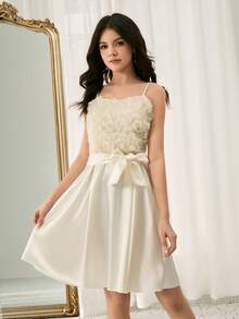 Váy ngắn bồng bềnh không tay cạp cao thời trang sang trọng thanh lịch với lưới hoa 3D và vải satin, váy dạ hội màu mơ kèm thắt lưng phù hợp, thích hợp cho tiệc sinh nhật, dạ hội - Màu be - Xem 5