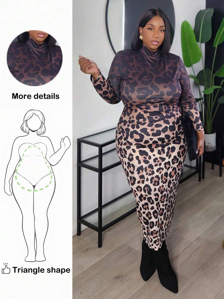 Truni Plus Size Leopard Print Casual Slim Fit Long Sleeve Round Neck Dress Fall Clothes Chic Dress, For Pear Triangle Body Shape - Multicolor - View 1