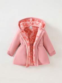 SHEIN Playful Pals 女婴幼儿新生儿0-3岁保暖双面连帽仿毛皮法兰绒豹纹及纯黑色中长外套，秋冬款