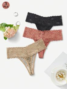 3pcs/Set Sexy Lace Patchwork Thong Panties For Women - Multicolor - View 2