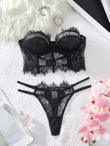 Myrelith 2 st/set spetsögonfransbandeau-bh med bygel - Svart - Visa 3