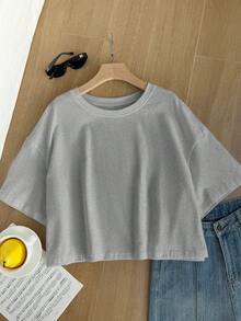 Comfortcana Light Gray Solid Color Dropped Shoulder Casual Plus Size T-Shirt - Light Grey - View 5