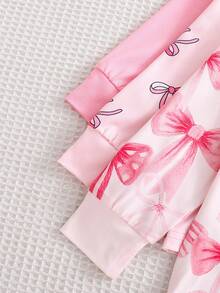 Conjunto de 6 piezas de pijama para niñas, top de manga larga con estampado de moño minimalista y moño 3D, y pantalones, conjunto de ropa de dormir - Multicolor - Ver 5