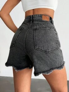 高腰灰色水洗原色边饰牛仔短裤 - 灰色 - 查看 2
