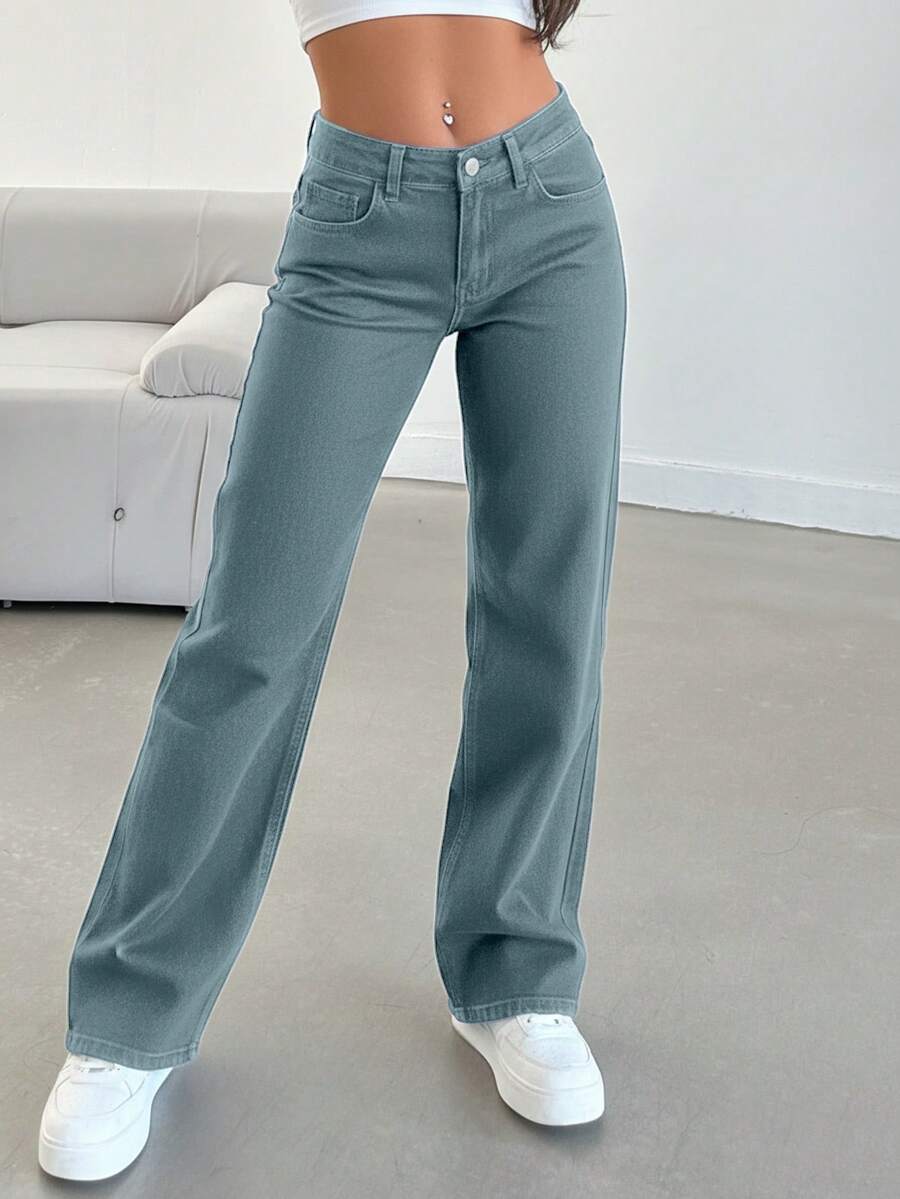100% Cotton Solid Color Slant Pocket Cotton Solid Straight Leg Jeans - Dusty Blue - View 1