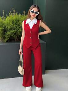 少女优雅通勤都市学院风撞色领开衫+西装裤套装 - 紅色 - 查看 4