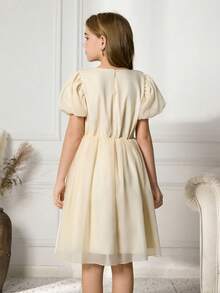 Tween Girls' Elegant Elegant Soft Apricot Puff Sleeve Round Neck Waist Cute Embroidered Floral Belt Decor Fluffy Dress - Apricot - View 2