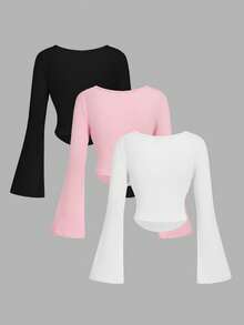 SHEIN MOD 3 chiếc áo thun nữ cổ tròn tay chuông màu trơn thời trang xếp ly - Màu Hồng  San hô - Xem 2