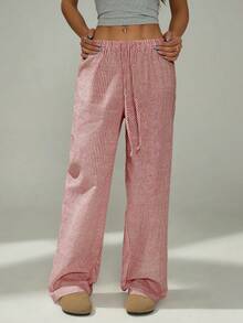 SHEIN PETITE Quần sọc hồng trắng đơn giản dành cho nữ nhỏ nhắn, phù hợp mặc nhà vào mùa xuân và mùa hè - Đỏ - Xem 3