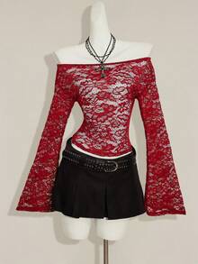 SHEIN ICON 女士露肩蕾丝长袖薄纱衬衫 - 酒紅色 - 查看 3