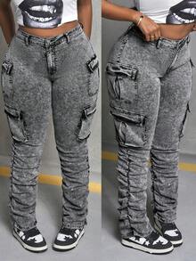 Slaydiva Plus-Size Women's Grey Multi-Pocket Jeans, Sexy Tight-Fitting Stretch Flared Jeans, Street Style Y2K, Christmas. - Black - View 3