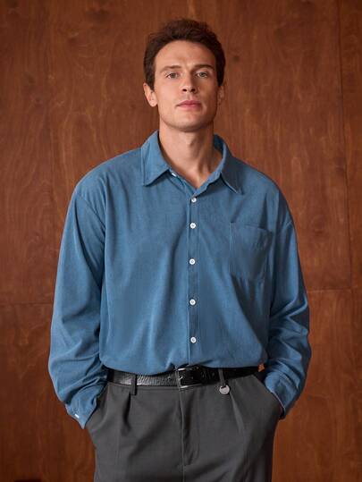 Officeau 男士灯芯绒日常通勤休闲学院风拼接口袋纯色长袖衬衫，适合春秋季穿着